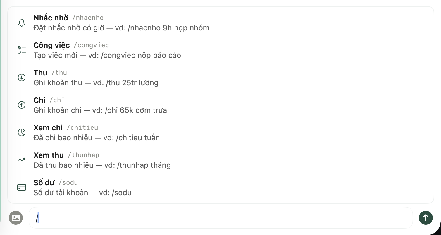 Menu lệnh nhanh trong chat